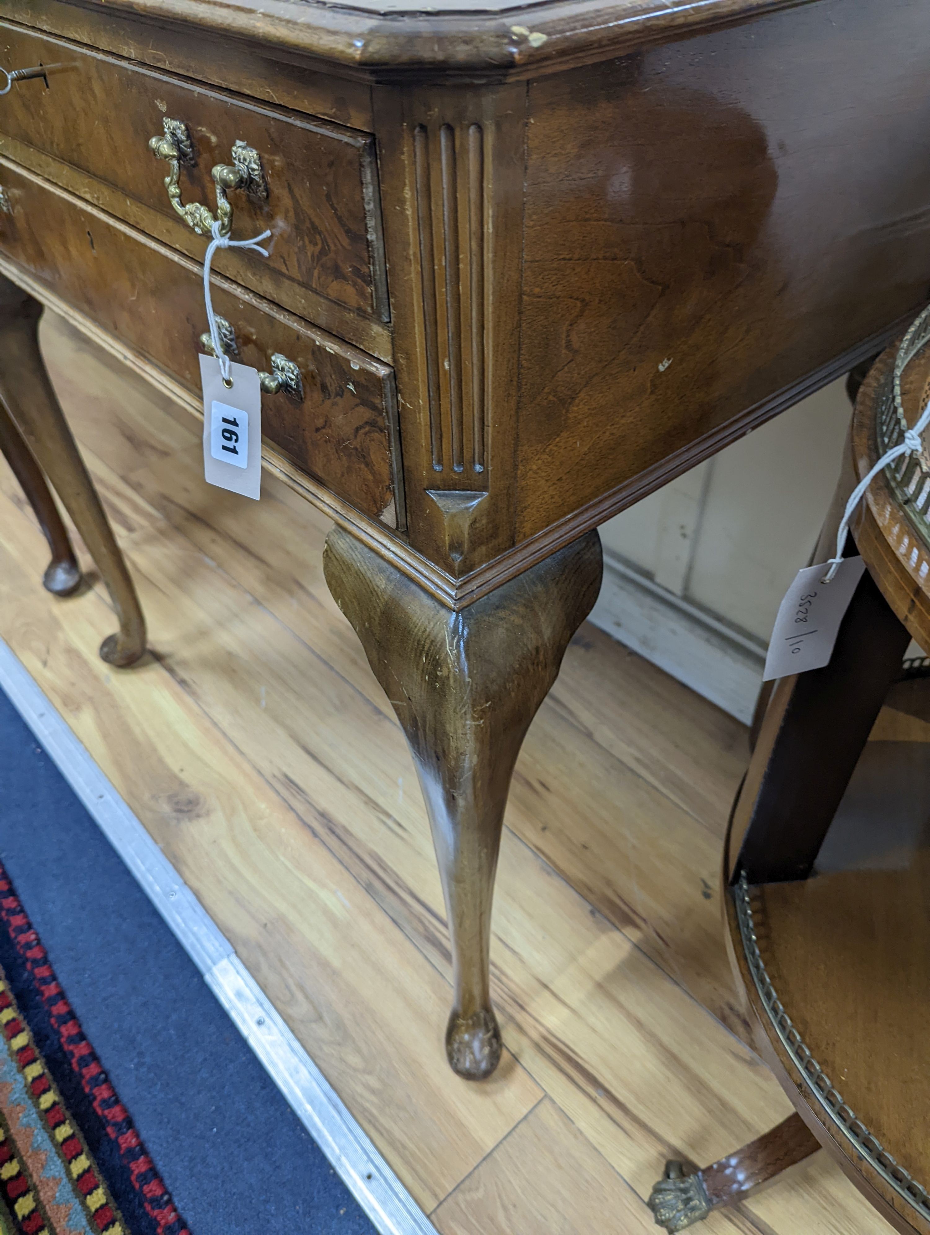 A Queen Anne revival walnut two drawer table canteen, (no contents), width 71cm, depth 51cm, height 78cm